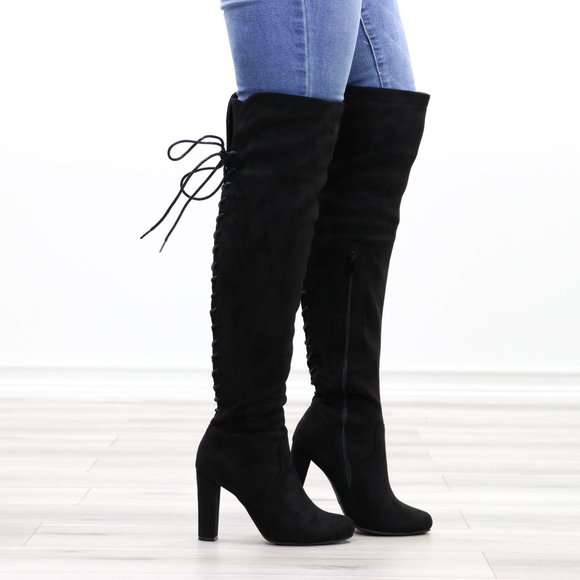 Black Over The Knee Heeled Boots Thigh High Suede With Lace Up Back - Picture 3 of 14
